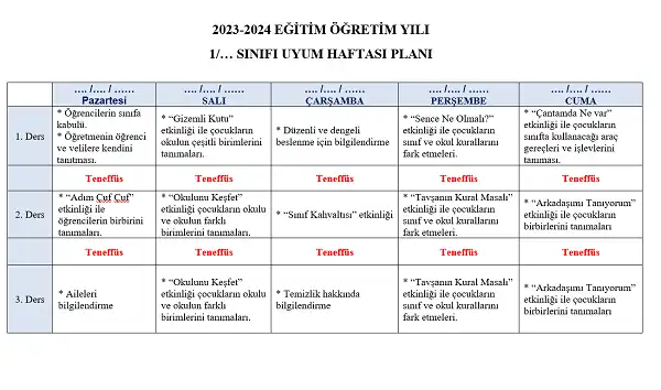 2023 - 2024 Yılı 1. Sınıf Uyum Haftası Planı ve Etkinlik Örnekleri