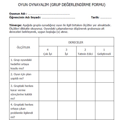 3.Sınıf Beden Eğitimi ve Oyun - Oyun Oynayalım Grup Değerlendirme Formu