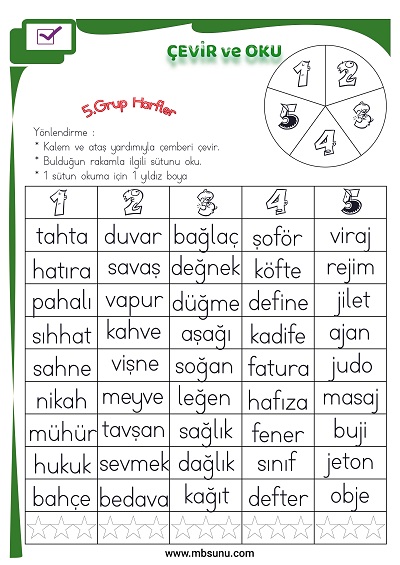 1. Sınıf İlk Okuma 5. Grup Harfler - Çevir ve Oku Etkinliği