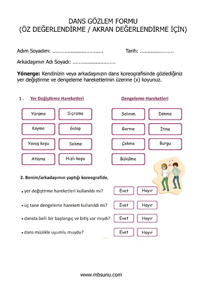 3.Sınıf Beden Eğitimi ve Oyun - Dans Gözlem Formu