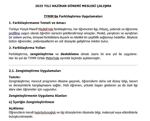 2025 İlkokul Mesleki Çalışma: TYMM’de Farklılaştırma Uygulamaları