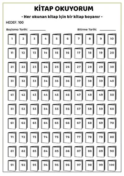 Boyamalı Kitap Okuma Takip Listesi - Model 2 - 100 Kitaplık
