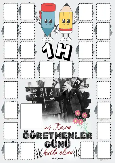 1-H Şubesi İçin Çerçeveli Öğretmenler Günü Posteri (28 Kişilik)