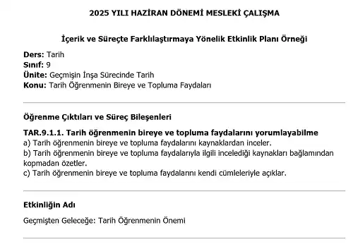 2025 Lise Mesleki Çalışma: İçerik ve Süreçte Farklılaştırmaya Yönelik Tarih Etkinlik Planı Örneği