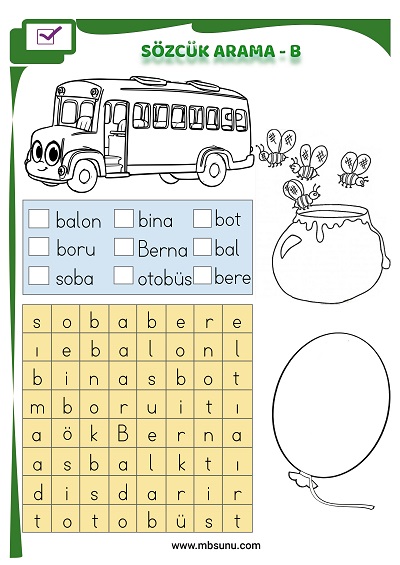 1. Sınıf İlk Okuma B Sesi - Sözcük Arama Etkinliği