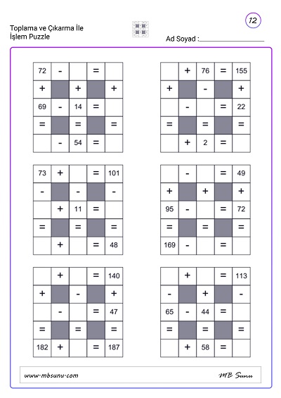 3. Sınıf Matematik - Toplama ve Çıkarma İle İşlem Puzzle Etkinlikleri