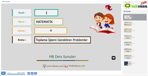 1.Sınıf Matematik Toplama İşlemi Gerektiren Problemler Sunusu
