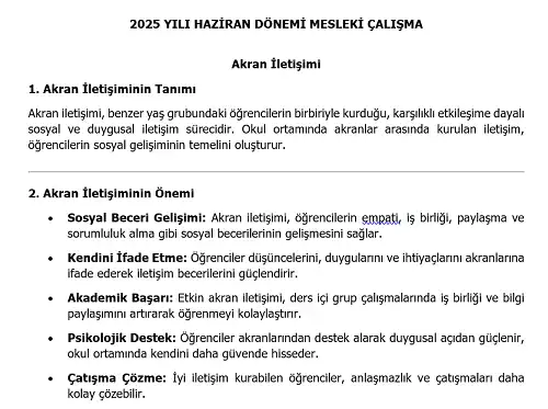 2025 Ortaokul Mesleki Çalışma: Akran İletişimi