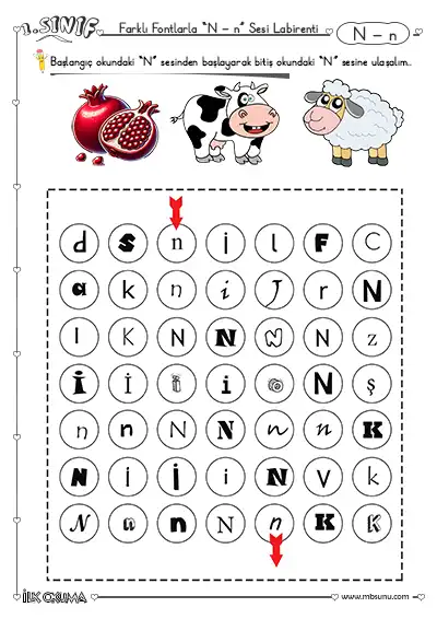 1. Sınıf Farklı Fontlarla N Sesi Labirent Bulmaca Etkinliği