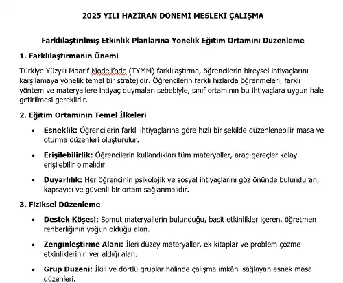2025 İlkokul Mesleki Çalışma: Farklılaştırılmış Etkinlik Planlarına Yönelik Eğitim Ortamını Düzenleme