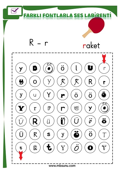 1. Sınıf İlk Okuma Farklı Fontlarla R Sesi Oyunlu Labirent Etkinliği