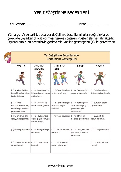 3.Sınıf Beden Eğitimi ve Oyun - Yer Değiştirme Becerileri Formu