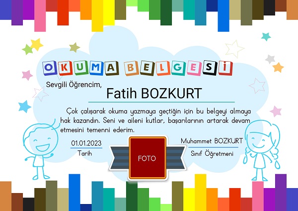 1. Sınıf Okuma Belgesi - Model 4