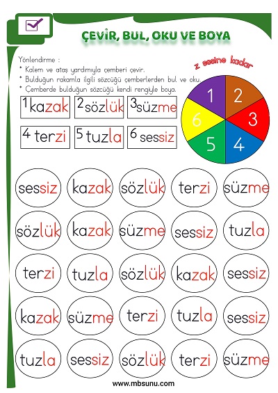 1. Sınıf İlk Okuma Z Sesi - Çevir, Bul, Oku ve Boya Etkinliği