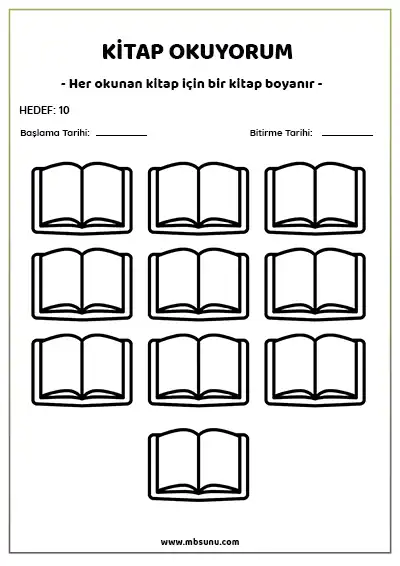 Boyamalı Kitap Okuma Takip Listesi - 10 Kitaplık