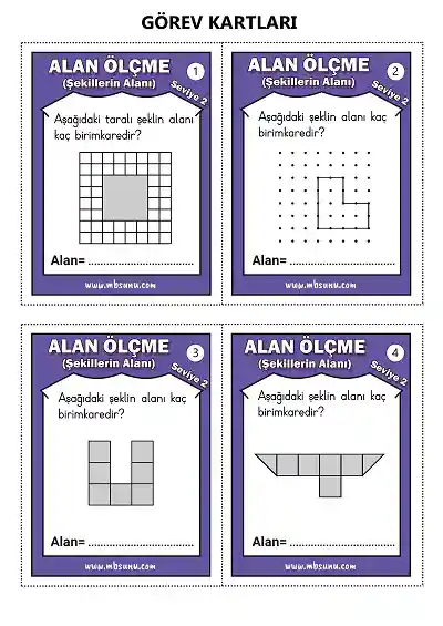 Şekillerin Alanını Ölçme - Seviye 2 - Görev Kartları Oyunu