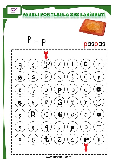 1. Sınıf İlk Okuma Farklı Fontlarla P Sesi Oyunlu Labirent Etkinliği