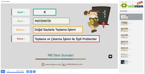 4.Sınıf Matematik Toplama ve Çıkarma İşlemi İle İlgili Problemler Sunusu