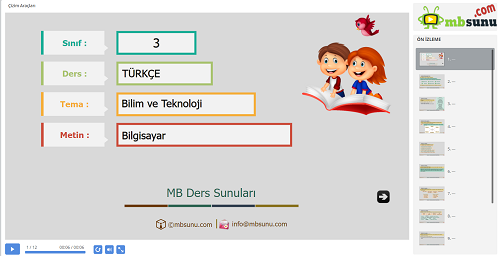 3.Sınıf Türkçe Bilgisayar Metni Sunusu