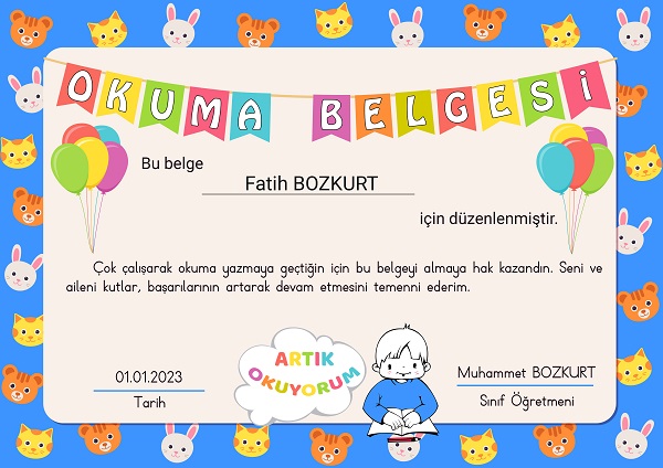 1. Sınıf Okuma Belgesi - Model 1