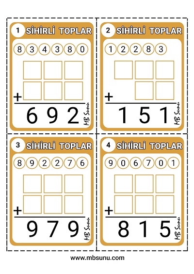 3. Sınıf Matematik - Sihirli Toplar - Toplama İşlemi Kartları